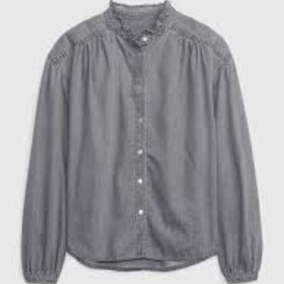 NWT GAP Distressed denim ruffle neck shirt - Picture 2 of 7
